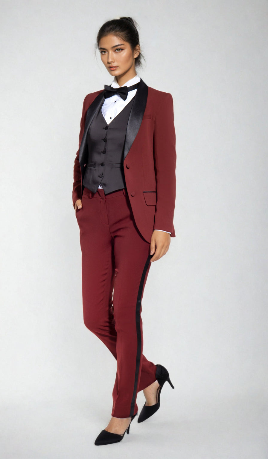 Burgundy & Black Slim Fit Tuxedo Pants