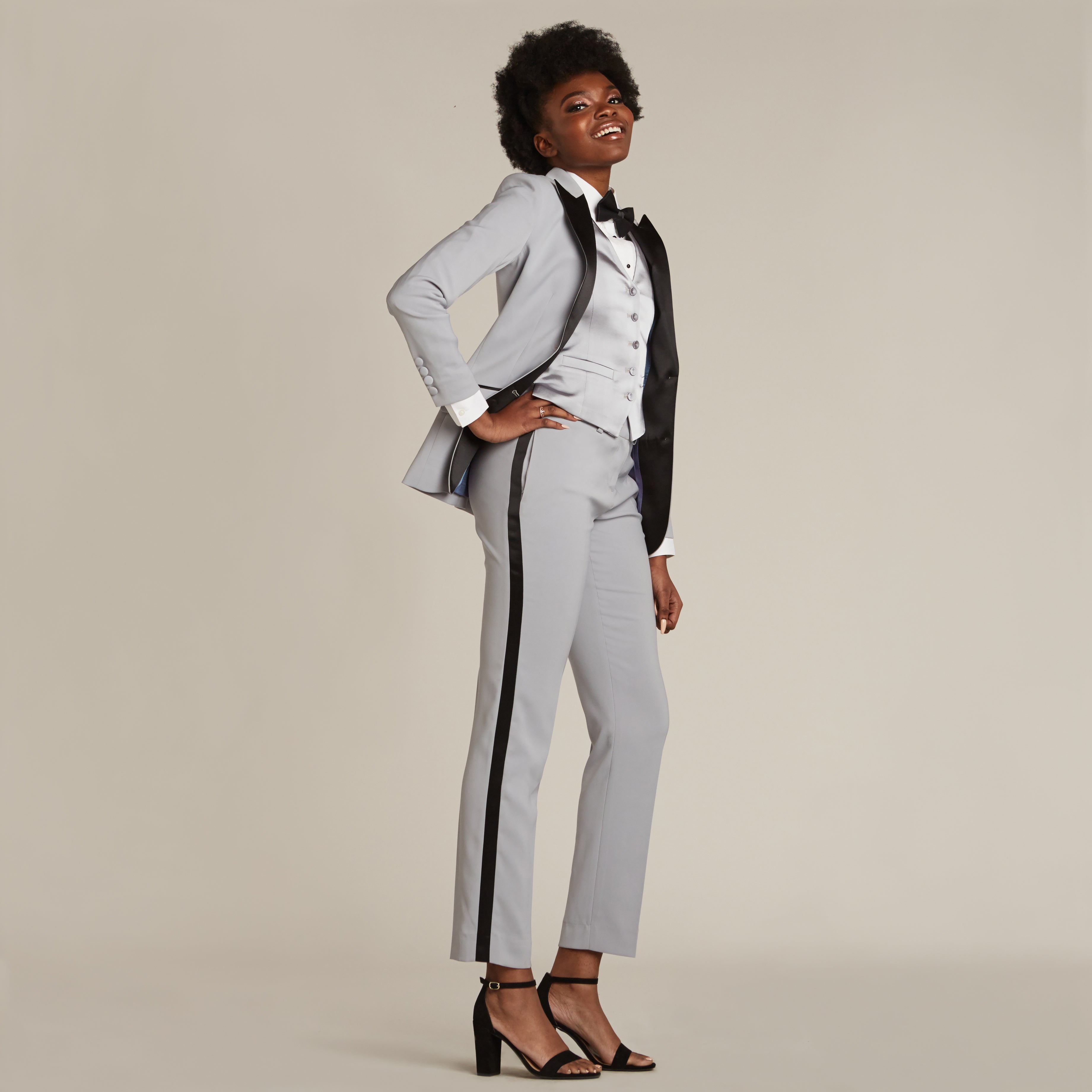 Stone Gray and Black Slim Fit Tuxedo Pants for Women – LITTLE